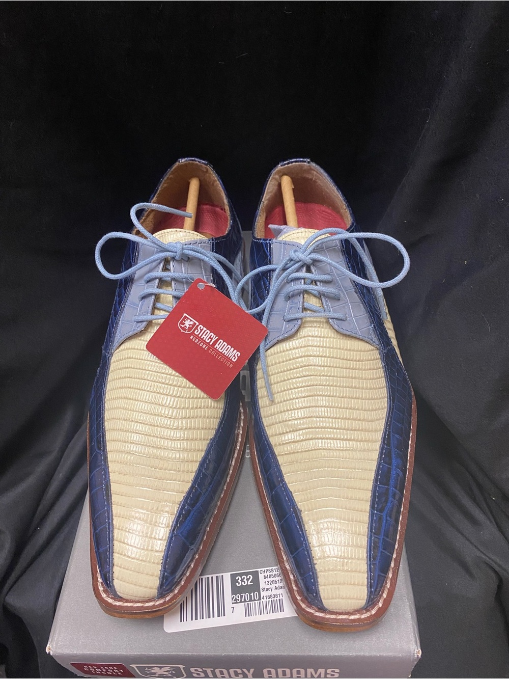 NEW! Stacy Adams Cream and Navy Croc-Effect Leather Lace-Up Men's Oxfords